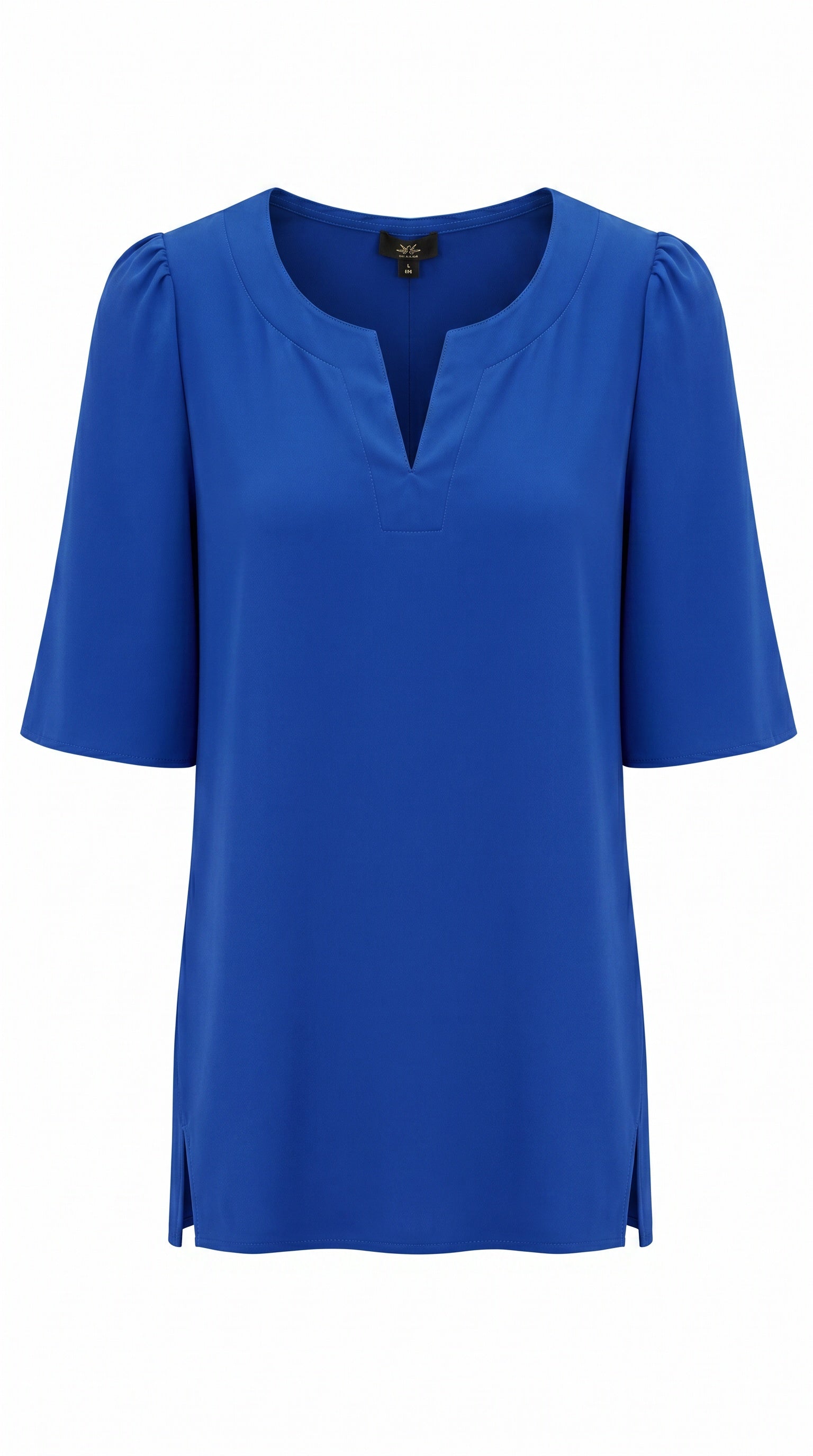 Smashed Lemon cobalt blue relaxed dress with split neckline and elbow-length sleeves