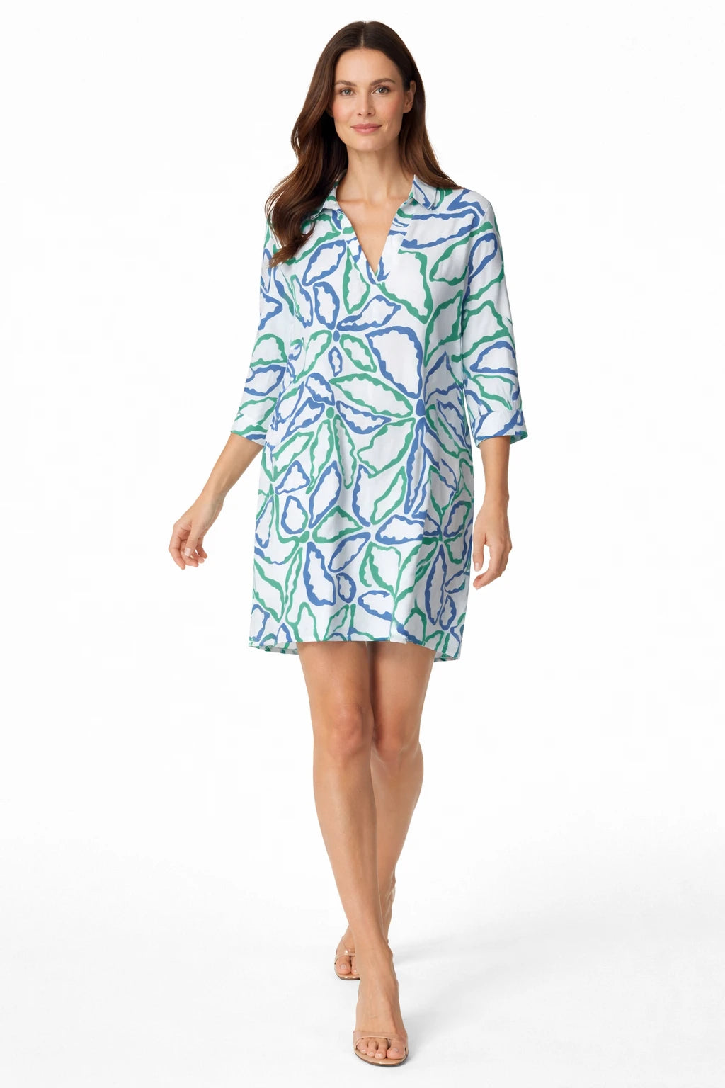 Model wearing Smashed Lemon cobalt blue green printed dress