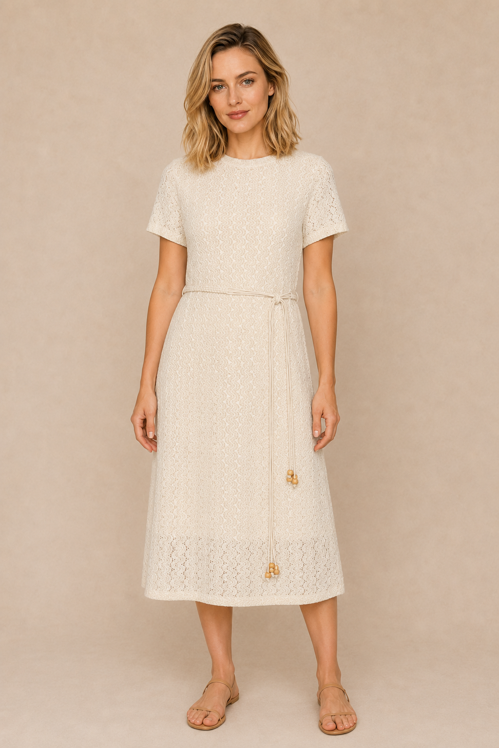 Smashed Lemon dress in off white worn by a model, standing — Boetiek, Cape Town