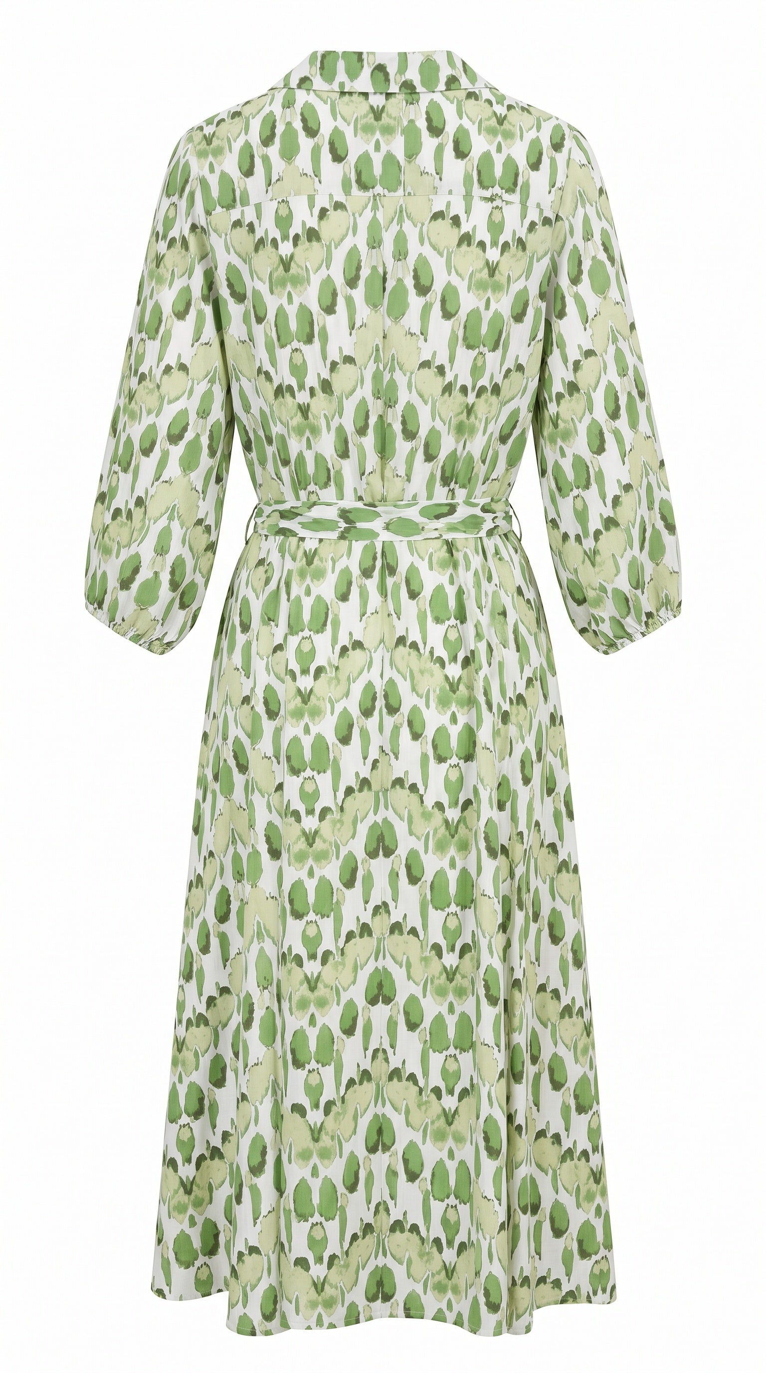 Smashed Lemon white and light green printed midi dress with tie waist and blouson sleeves