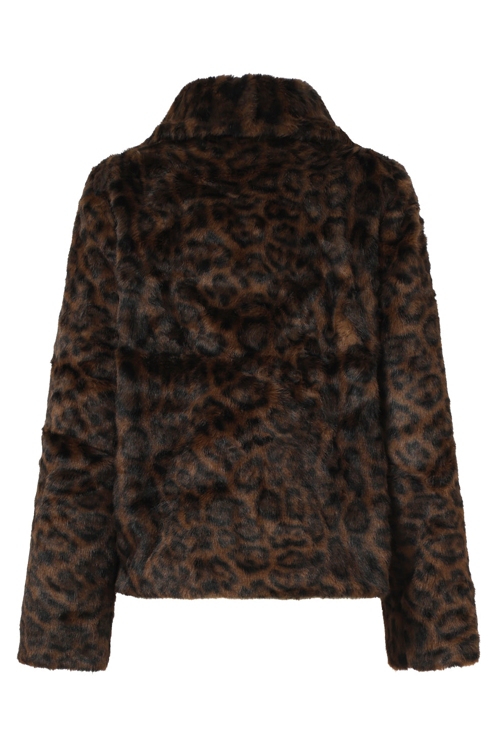 Smashed Lemon brown and black leopard print faux fur coat, hip-length with high collar, back view