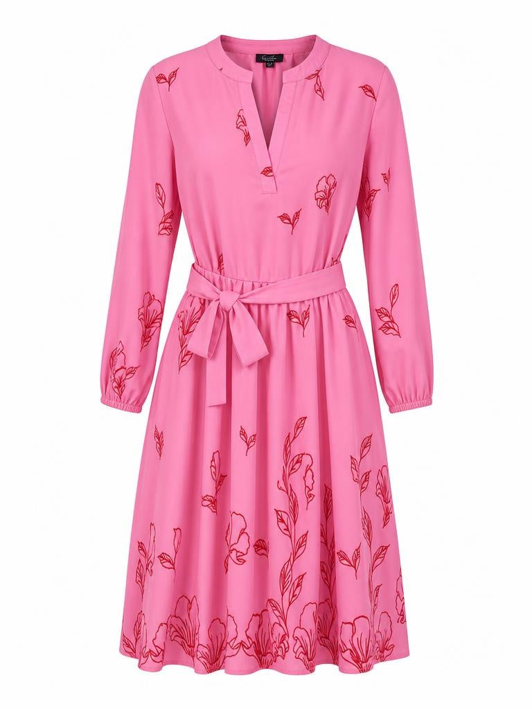 Smashed Lemon pink floral midi dress with red floral print and waist tie
