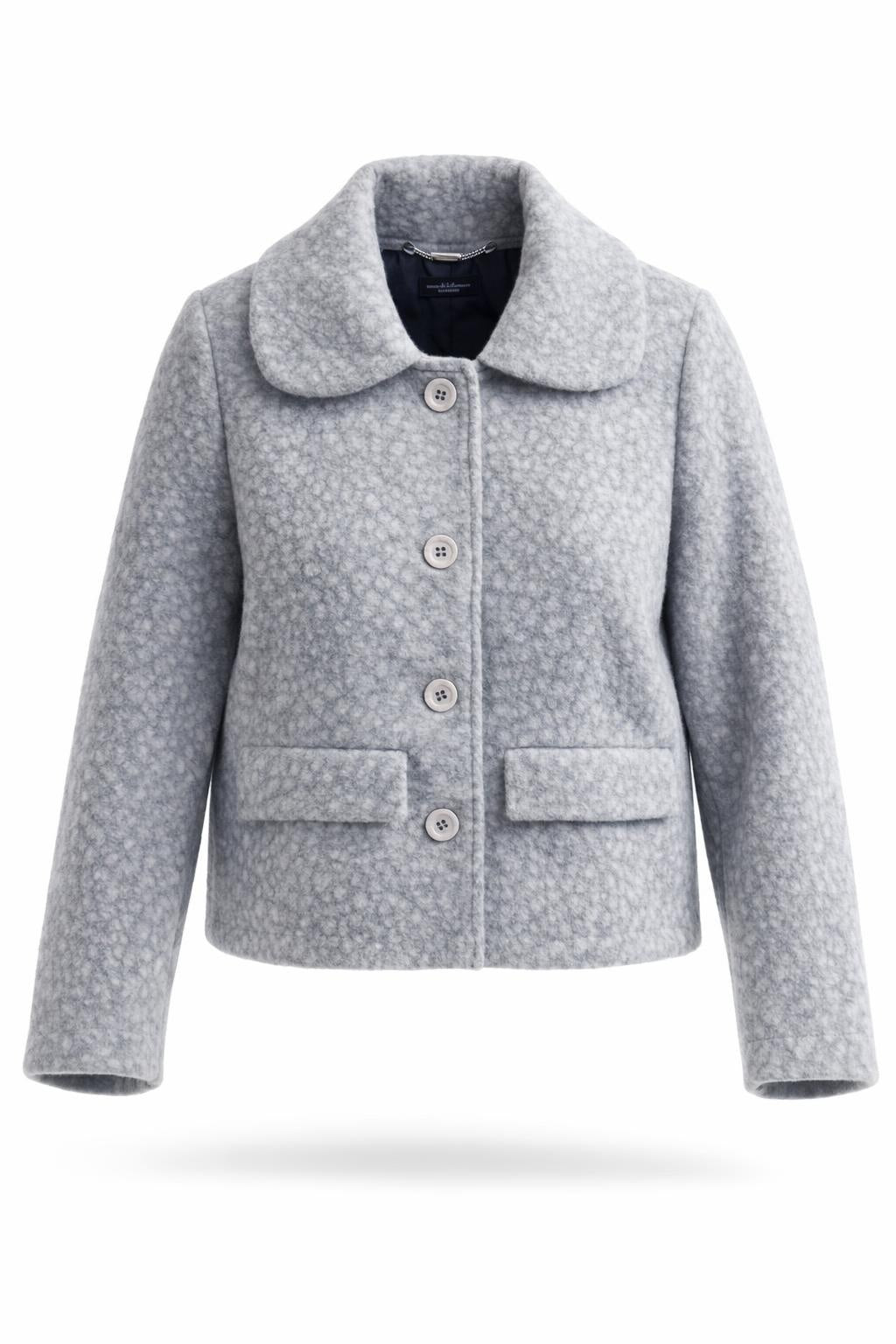 Smashed Lemon short textured jacket in grey, cropped boucle silhouette with button front, notched collar and flap pockets, front view