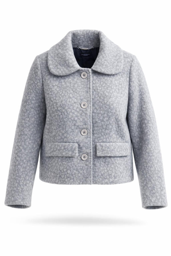 Smashed Lemon short textured jacket in grey, cropped boucle silhouette with button front, notched collar and flap pockets, front view