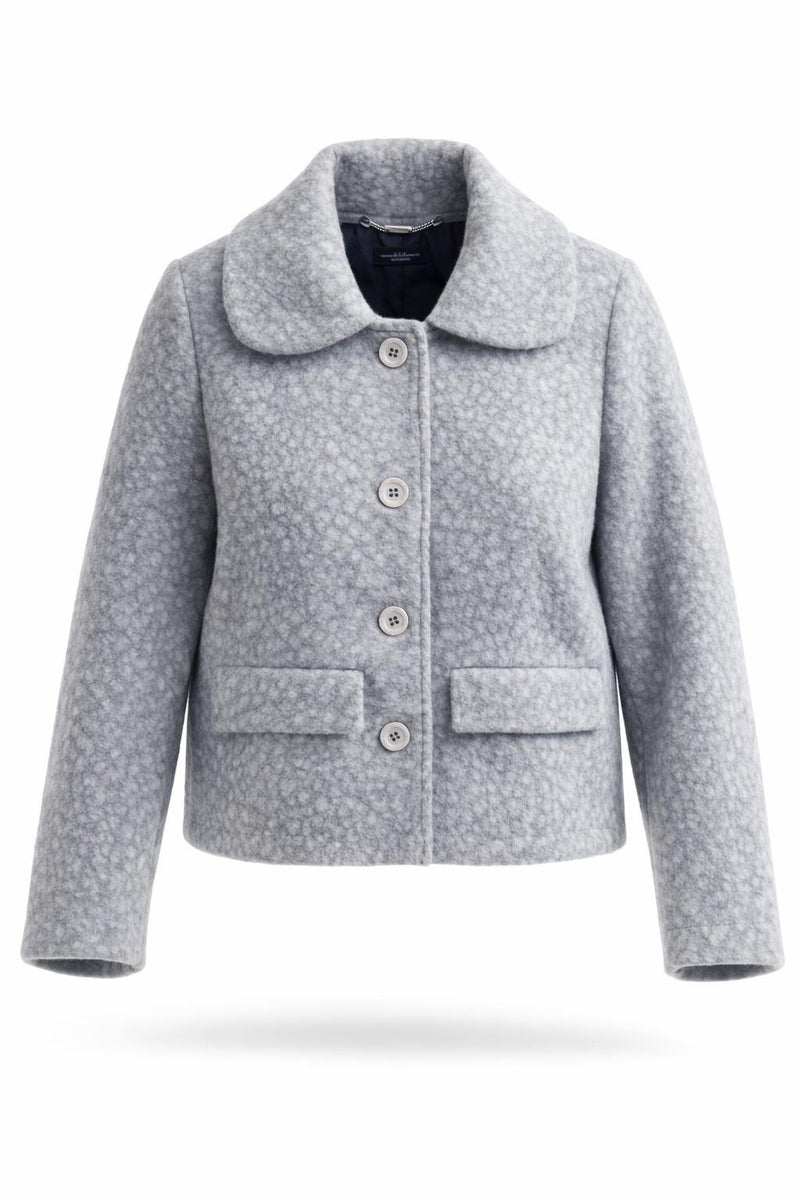 Smashed Lemon short textured jacket in grey, cropped boucle silhouette with button front, notched collar and flap pockets, front view