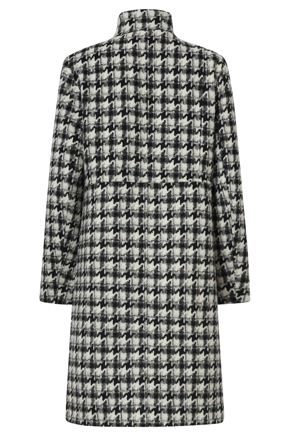 Smashed Lemon houndstooth coat in black and off-white, knee-length with spread collar, back view
