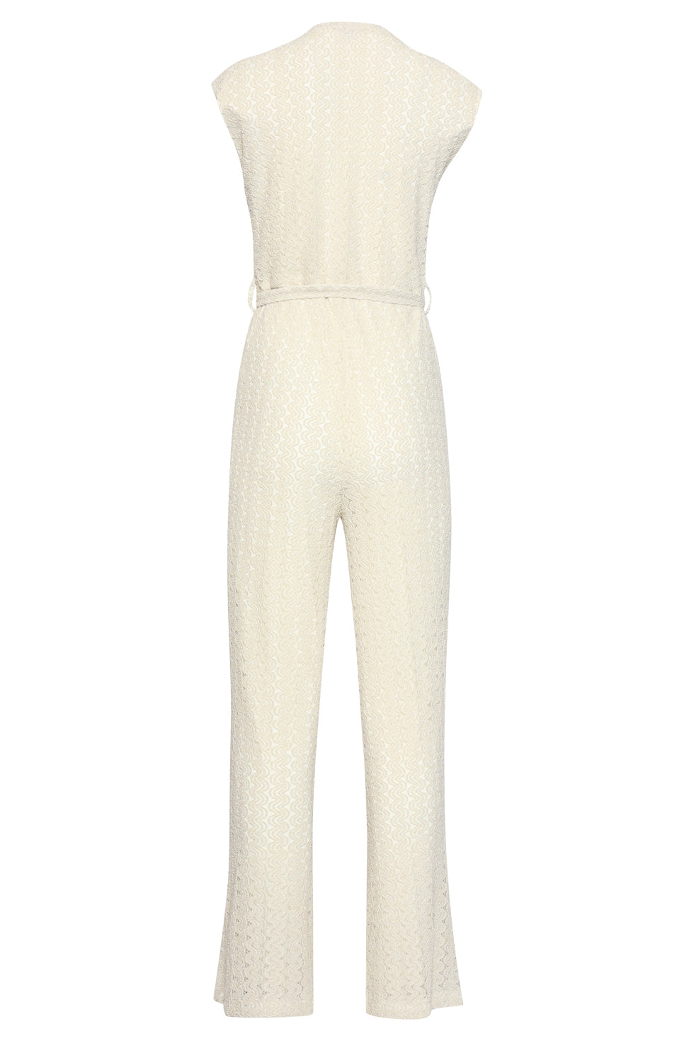 Back view of Smashed Lemon off-white jumpsuit with sleeveless cut, tie waist and wide-leg fit