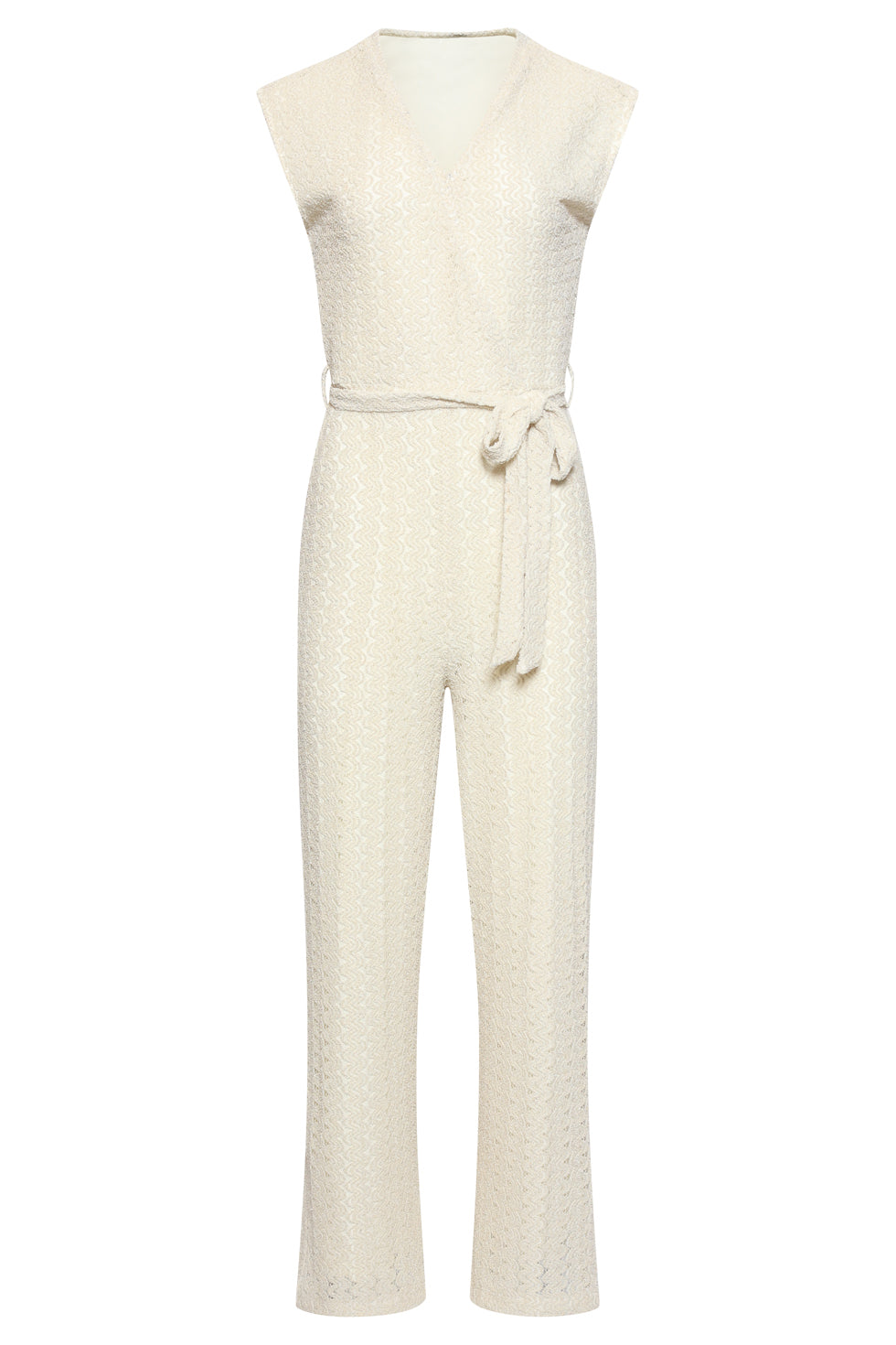 Front view of Smashed Lemon jumpsuit in off-white with V-neckline, sleeveless design and tie belt