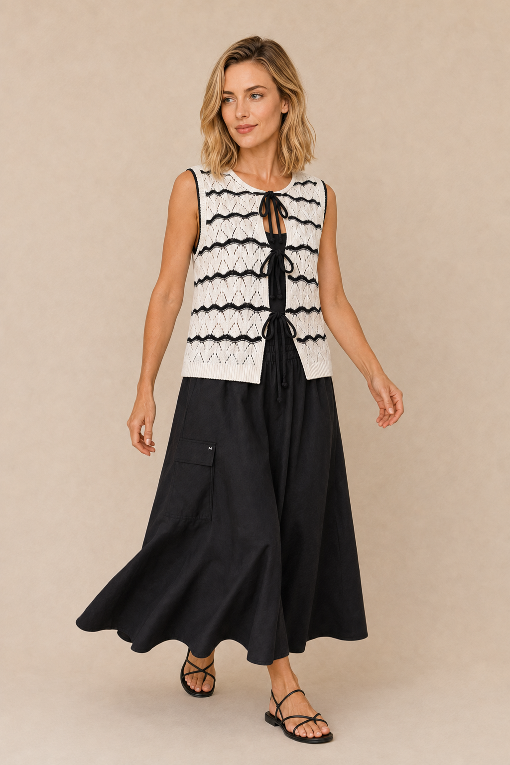Smashed Lemon | Sleeveless Pointelle Knit Vest in Off White & Black