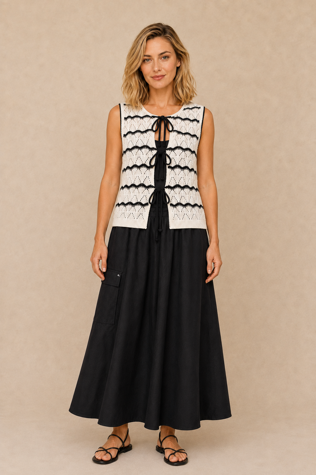 Smashed Lemon | Sleeveless Pointelle Knit Vest in Off White & Black