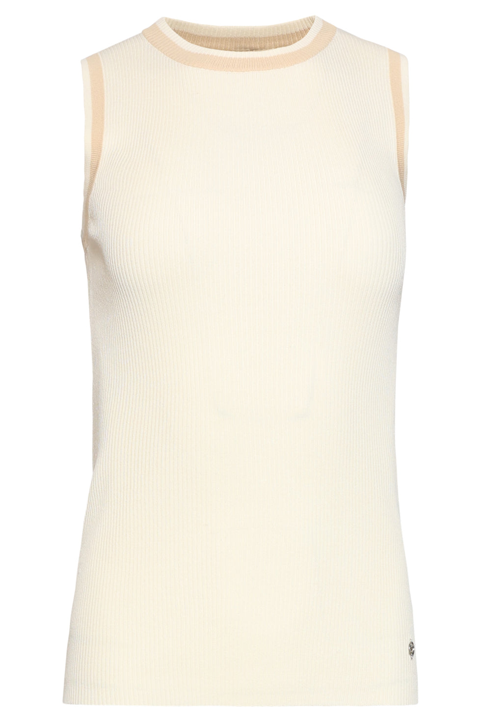 Smashed Lemon knit sleeveless top in off white and dark sand with contrast trim front view