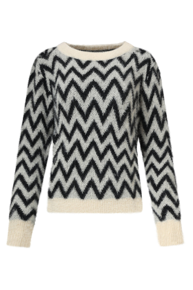 Smashed Lemon black and off white zigzag knit top with soft fluffy texture