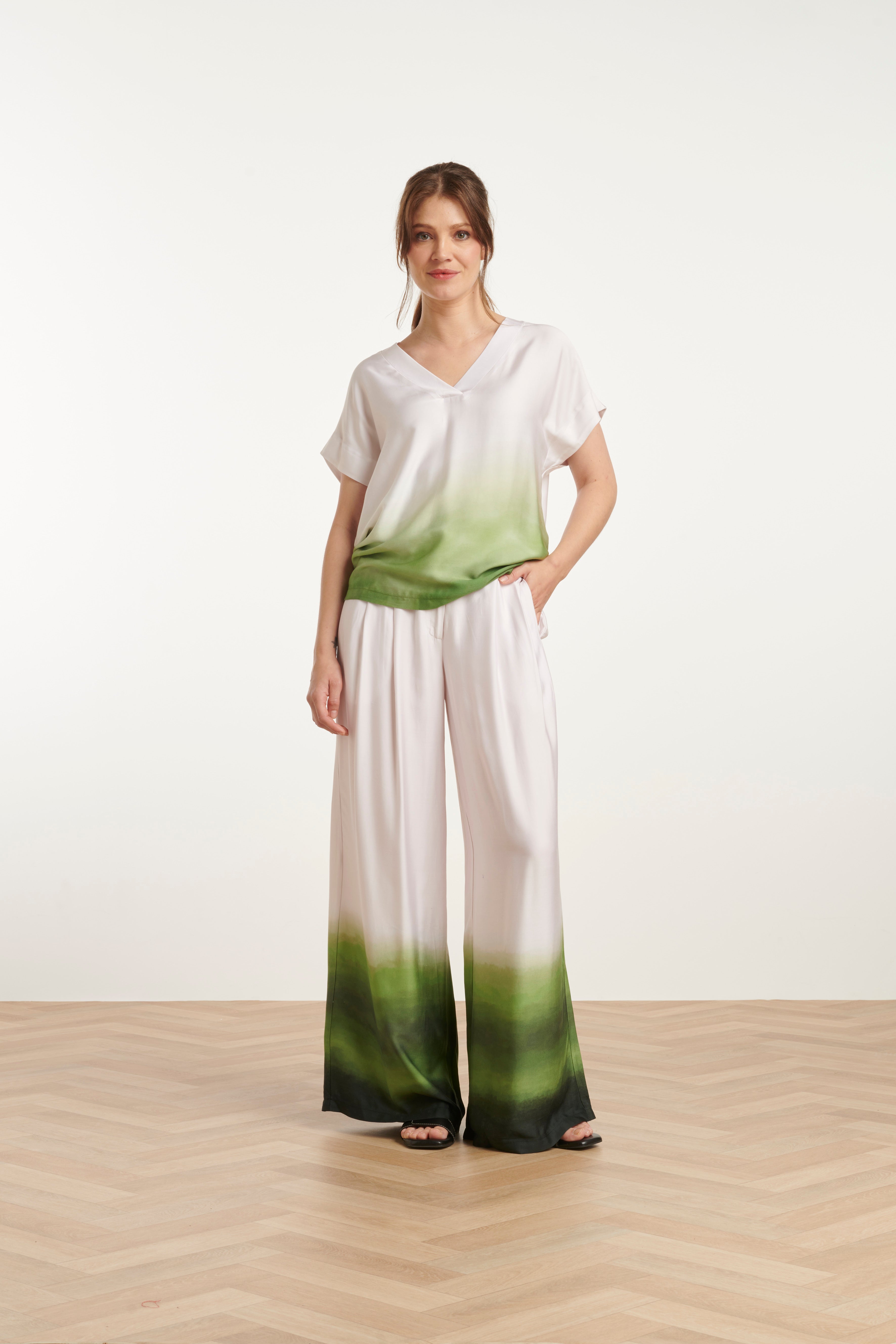 Smashed Lemon ombre satin outfit in off white and green