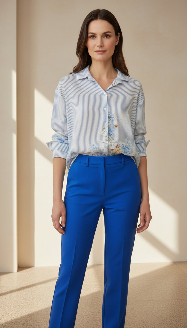 Detail of Smashed Lemon cobalt blue trousers fabric and fit