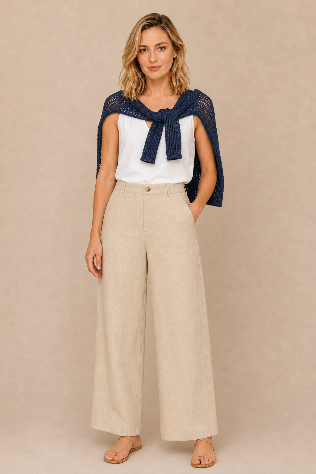 Smashed Lemon wide-leg trousers in sand worn by a model, standing — Boetiek, Cape Town