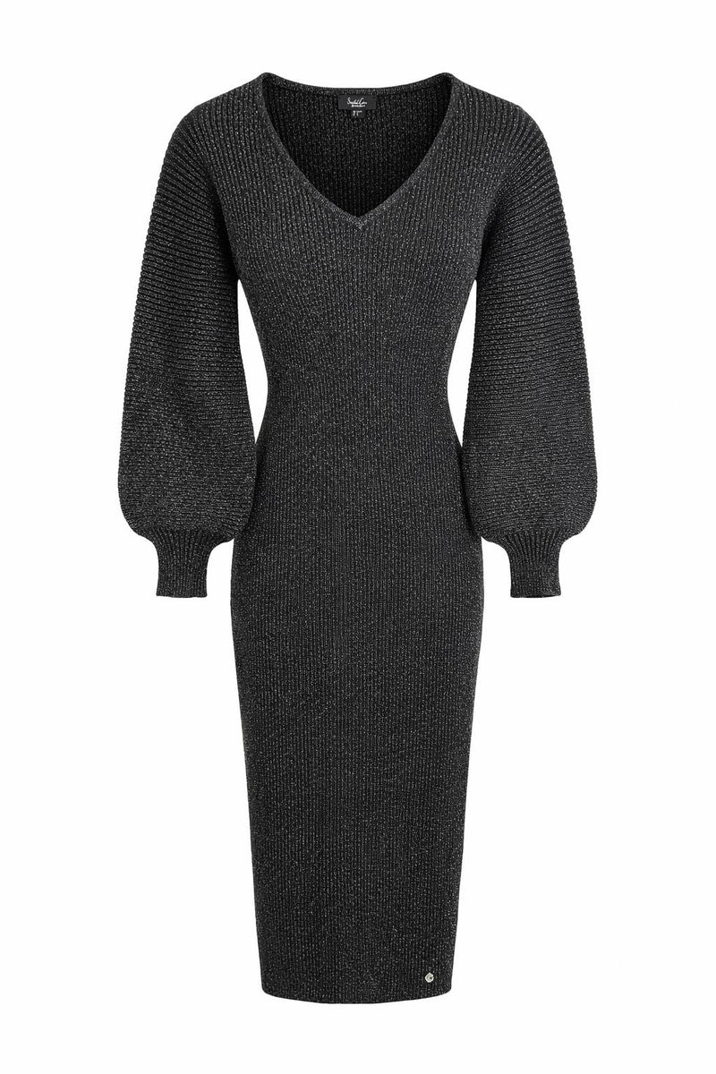 Smashed Lemon ribbed knit dress in black lurex with subtle shimmer, fitted midi silhouette, long puff sleeves, front view