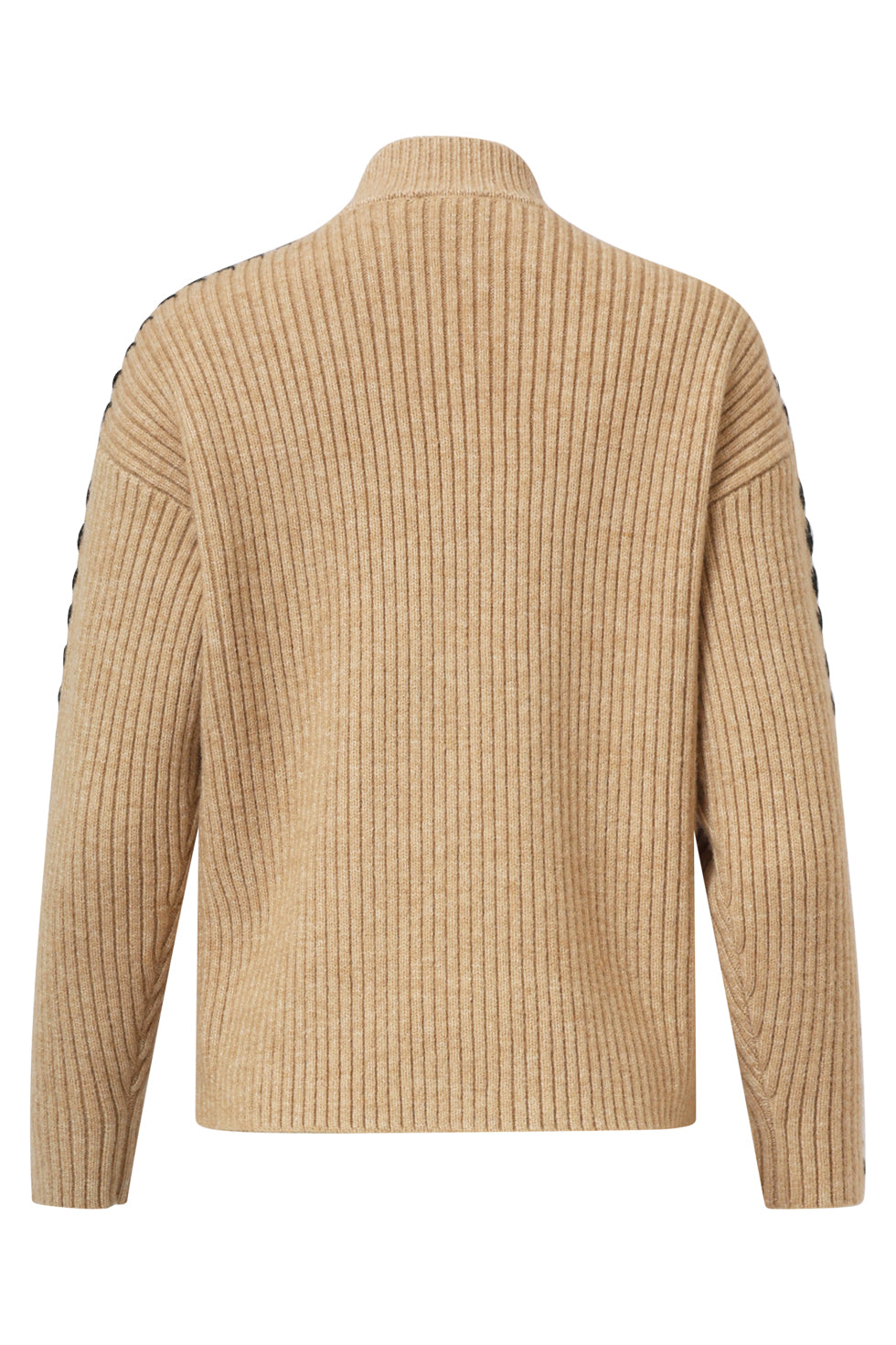 Smashed Lemon ribbed knit top in camel with black whipstitch contrast detailing along seams, high neckline and long sleeves, back view