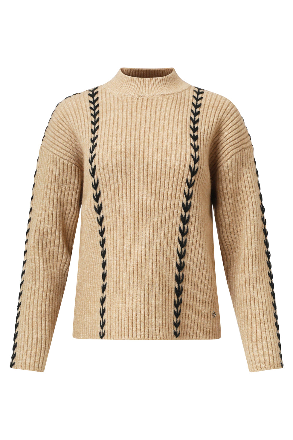 Smashed Lemon ribbed knit top in camel with black whipstitch contrast detailing along seams, high neckline and long sleeves, front view