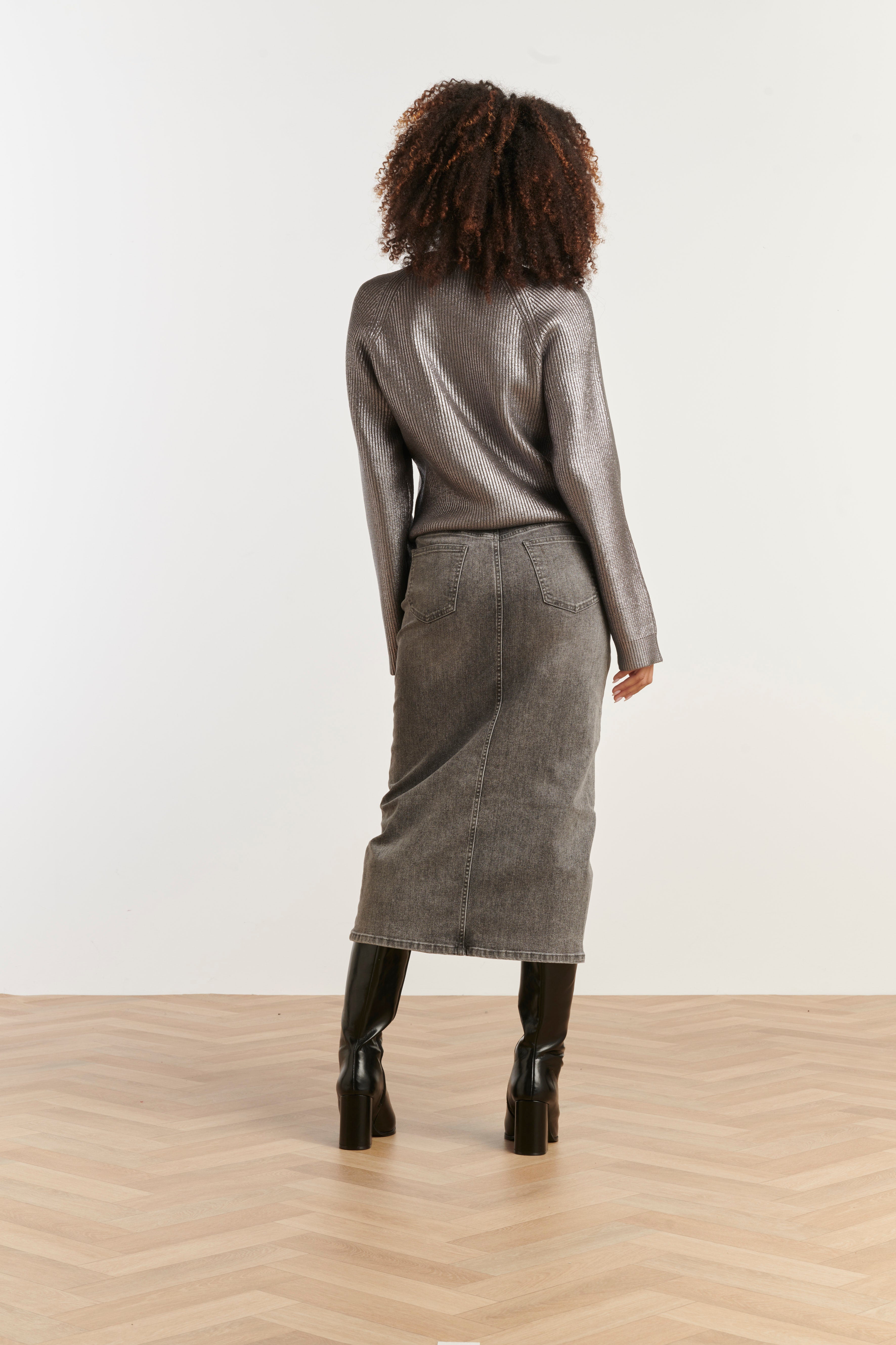 Smashed Lemon ribbed knit top in silver with metallic shimmer, long sleeves and relaxed fit, back view