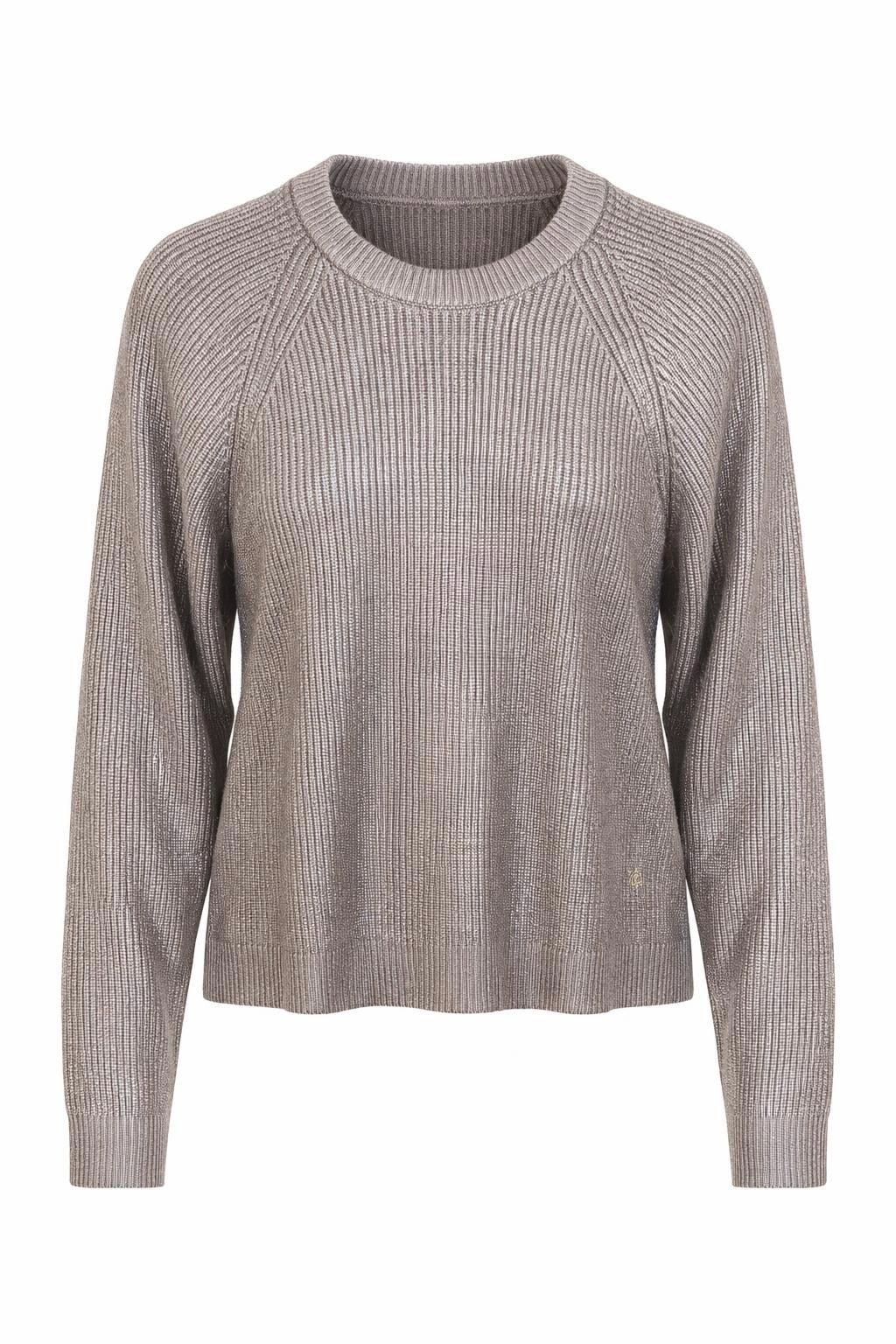Smashed Lemon ribbed knit top in silver with metallic shimmer, long sleeves and relaxed fit, front view