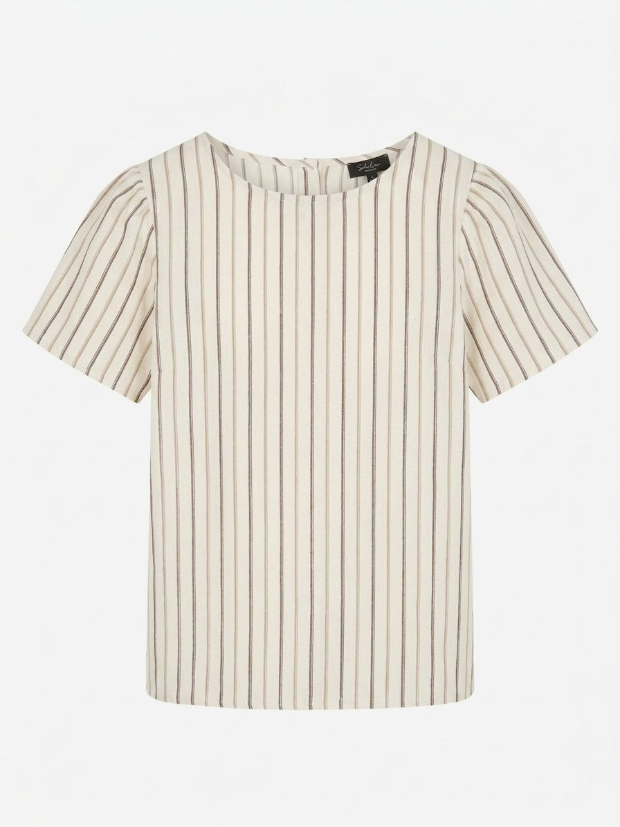 Smashed Lemon women's sand and brown vertical striped short sleeve top with round neckline, front view.