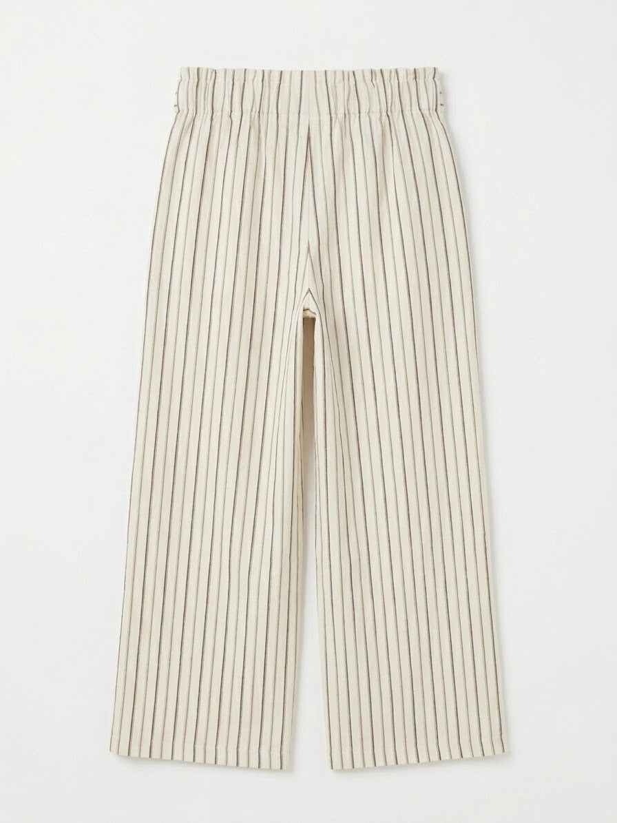 Smashed Lemon sand and brown striped wide-leg pants with elasticated waistband, back view.