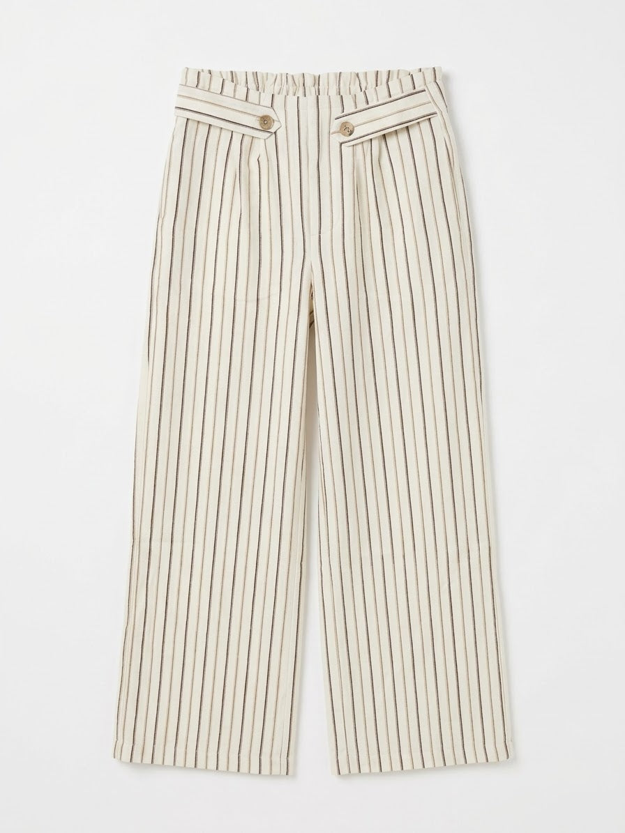 Smashed Lemon sand and brown vertical striped wide-leg pants with elasticated waist and buttoned front pocket details, front view.