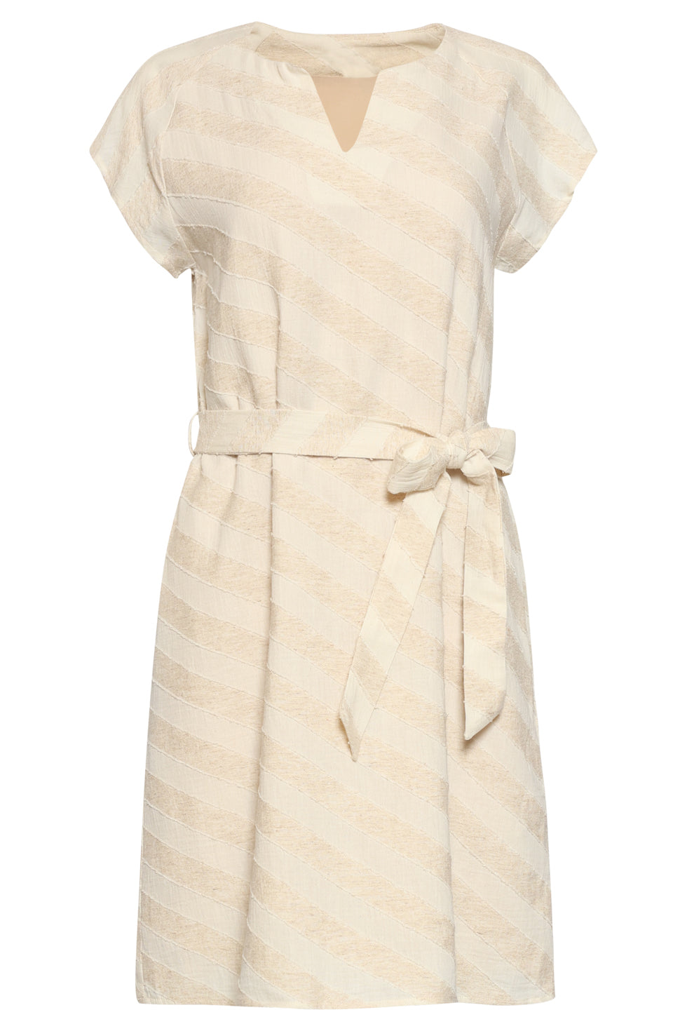 Smashed Lemon sand striped midi dress with V-neckline, short sleeves and matching waist belt, front view.