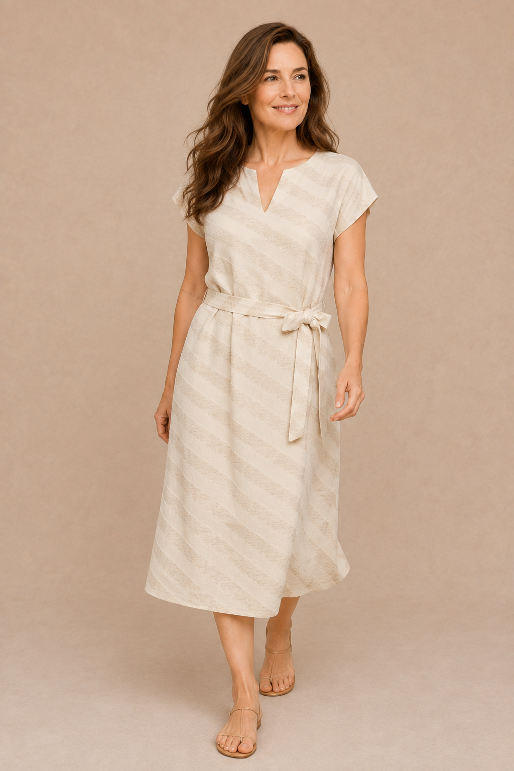 Smashed Lemon sand striped midi dress with self-tie waist styled on model.