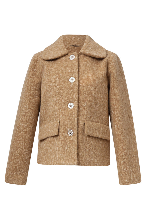 Smashed Lemon short textured coat in camel, cropped boucle jacket with button front, notched collar and flap pockets, front view