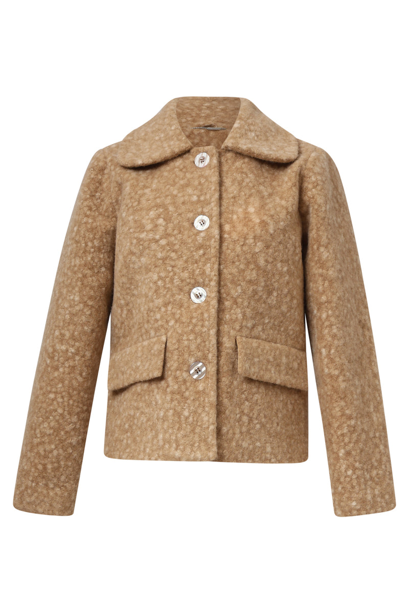 Smashed Lemon short textured coat in camel, cropped boucle jacket with button front, notched collar and flap pockets, front view