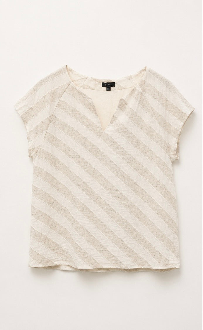 Smashed Lemon striped V-neck top in sand and dark sand front view with textured diagonal stripes