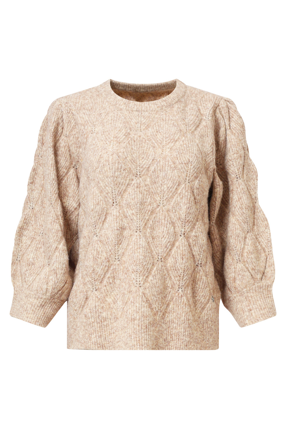 Smashed Lemon camel textured knit top with openwork pattern and voluminous sleeves