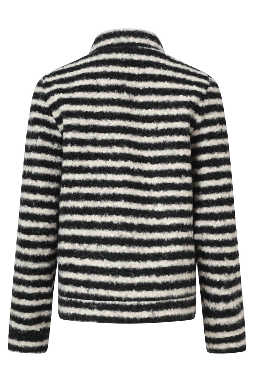 Smashed Lemon textured stripe coat in black and off-white, cropped boucle jacket with spread collar, back view
