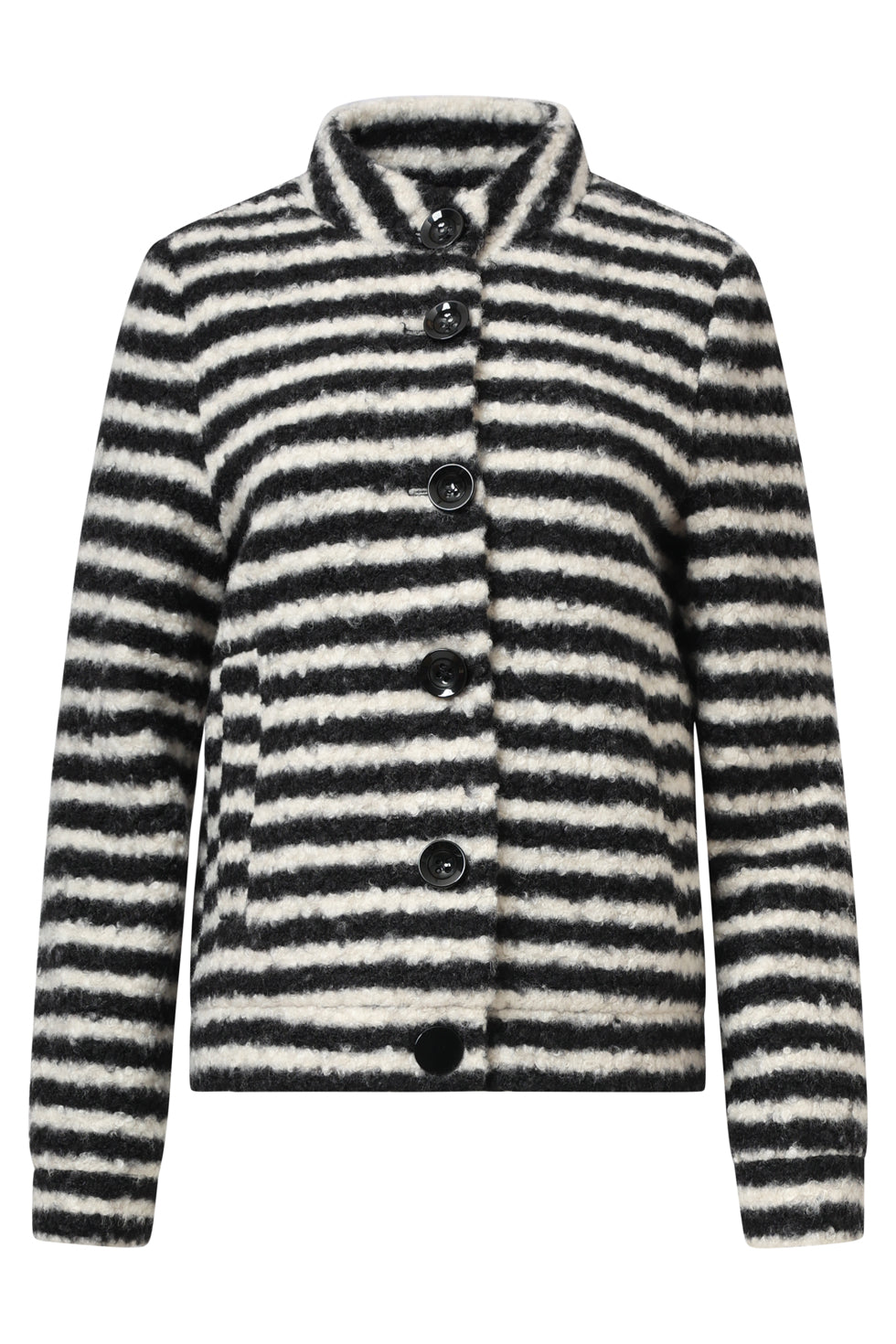 Smashed Lemon textured stripe coat in black and off-white, cropped boucle jacket with button front and spread collar, front view