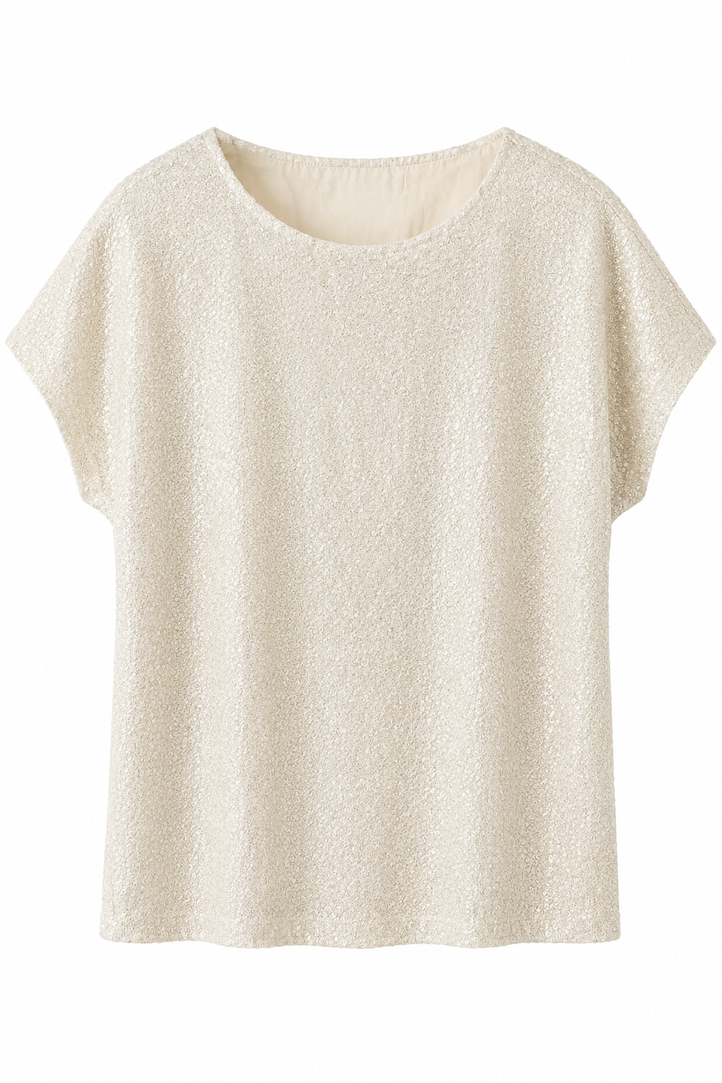 Front view of Smashed Lemon top in sand featuring an all-over subtle sequin finish and round neckline