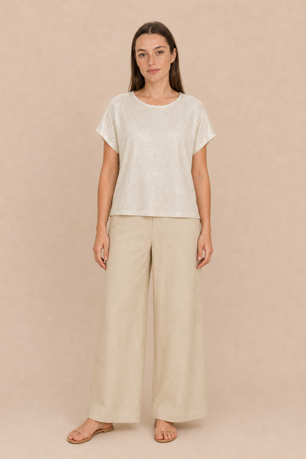 Smashed Lemon top in sand with subtle sequin texture styled with wide-leg neutral trousers