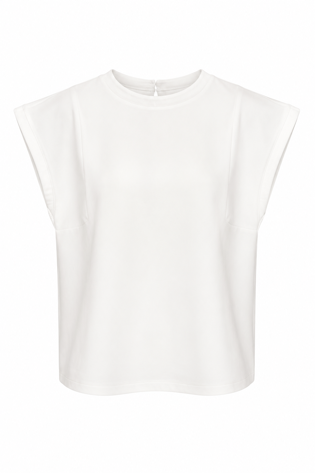 Smashed Lemon women's white structured top with round neckline, extended cap sleeves and relaxed fit, front view.