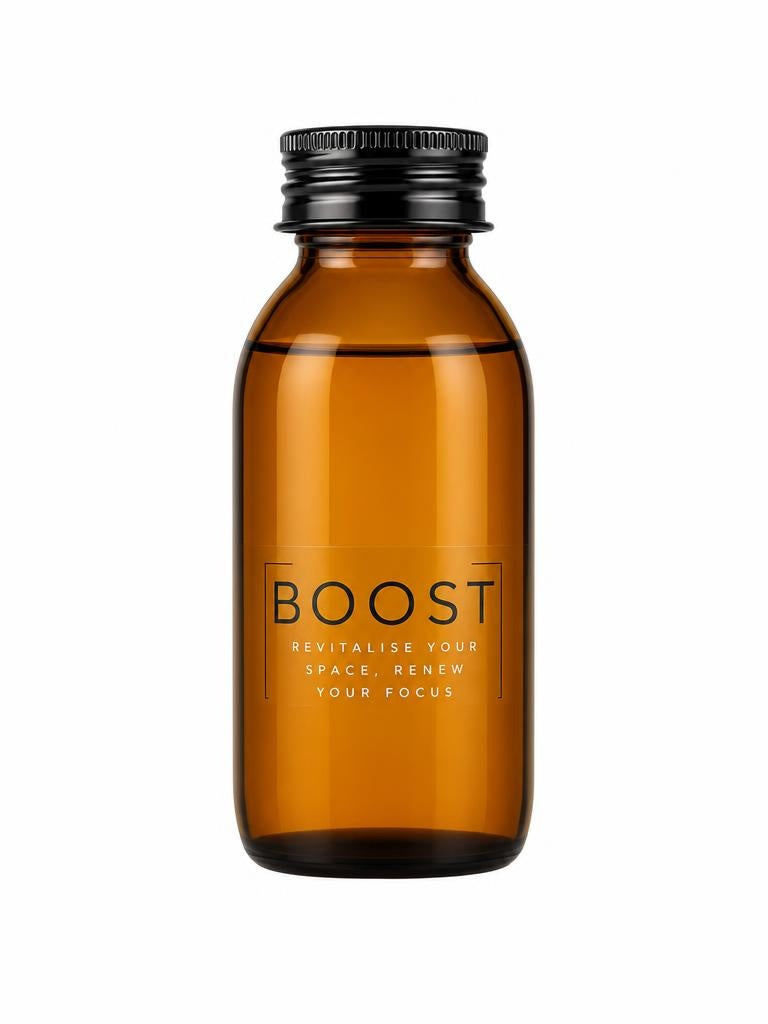 SŌJI Diffuser Boost reed diffuser set featuring fragrance oil, black reeds and a sculptural taupe diffuser vessel presented in a luxury gift box.