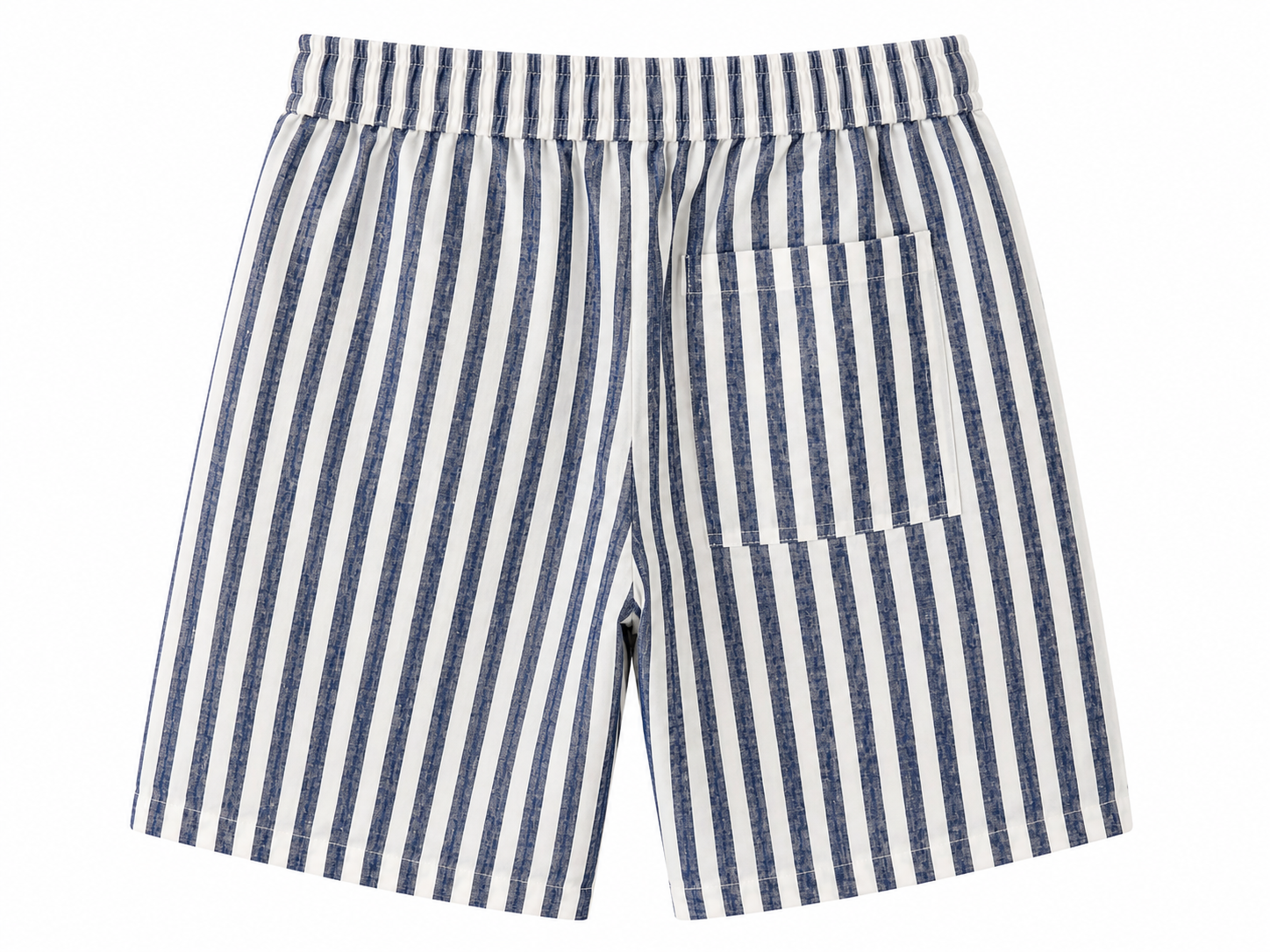 Navy and white striped Bermuda shorts back view with elasticated waistband and patch pocket