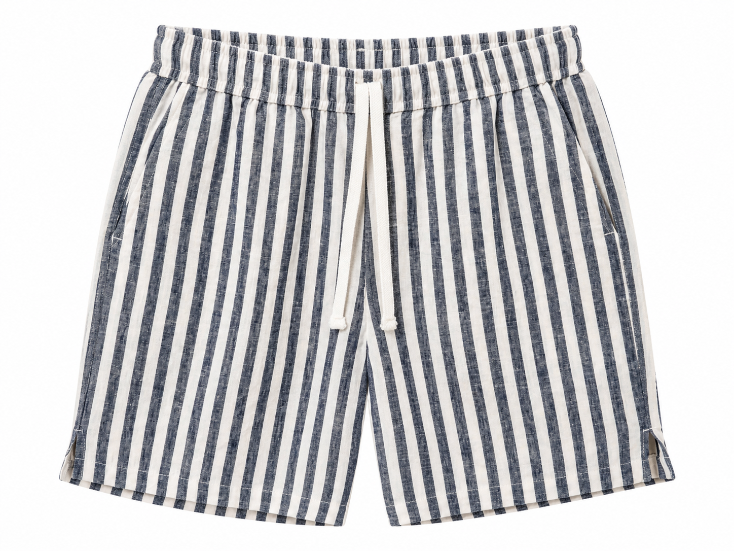 Navy and white striped Bermuda shorts front view with elasticated drawstring waist and side pockets