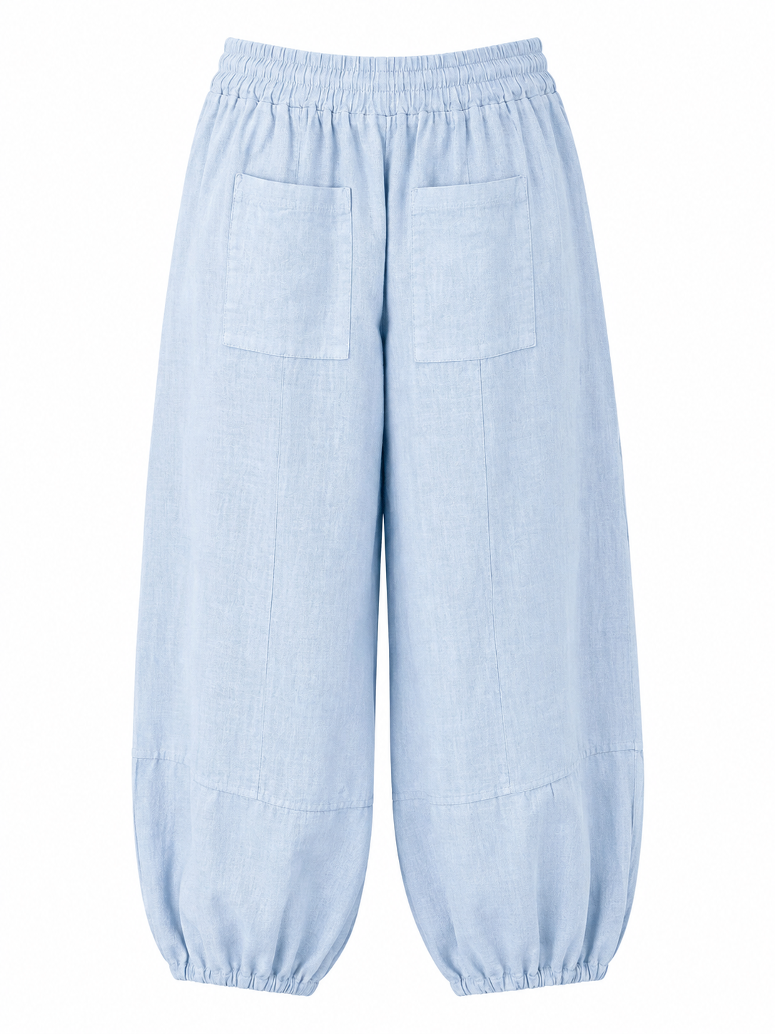 Suzy D barrel leg trousers in light blue with an elasticated waist, patch pockets and gathered cuffs, back view.