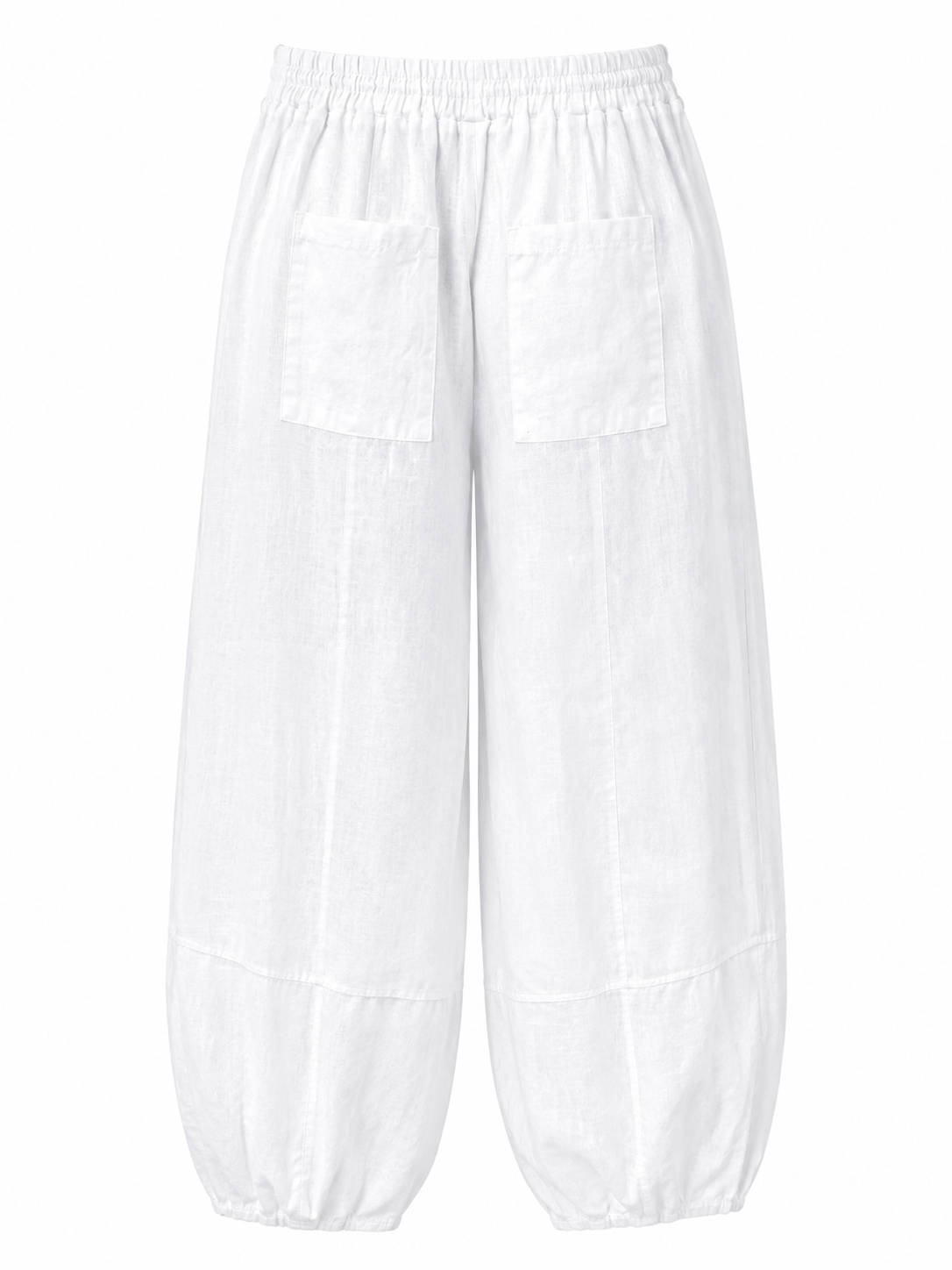 Suzy D barrel leg trousers in white with an elasticated waist, patch pockets and curved leg shape, back view.