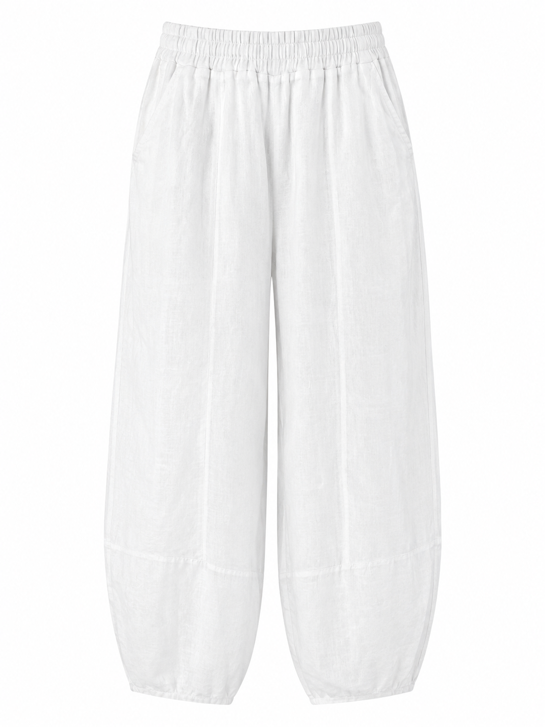 Suzy D barrel leg trousers in white with an elasticated waist, side pockets and curved leg shape, front view.