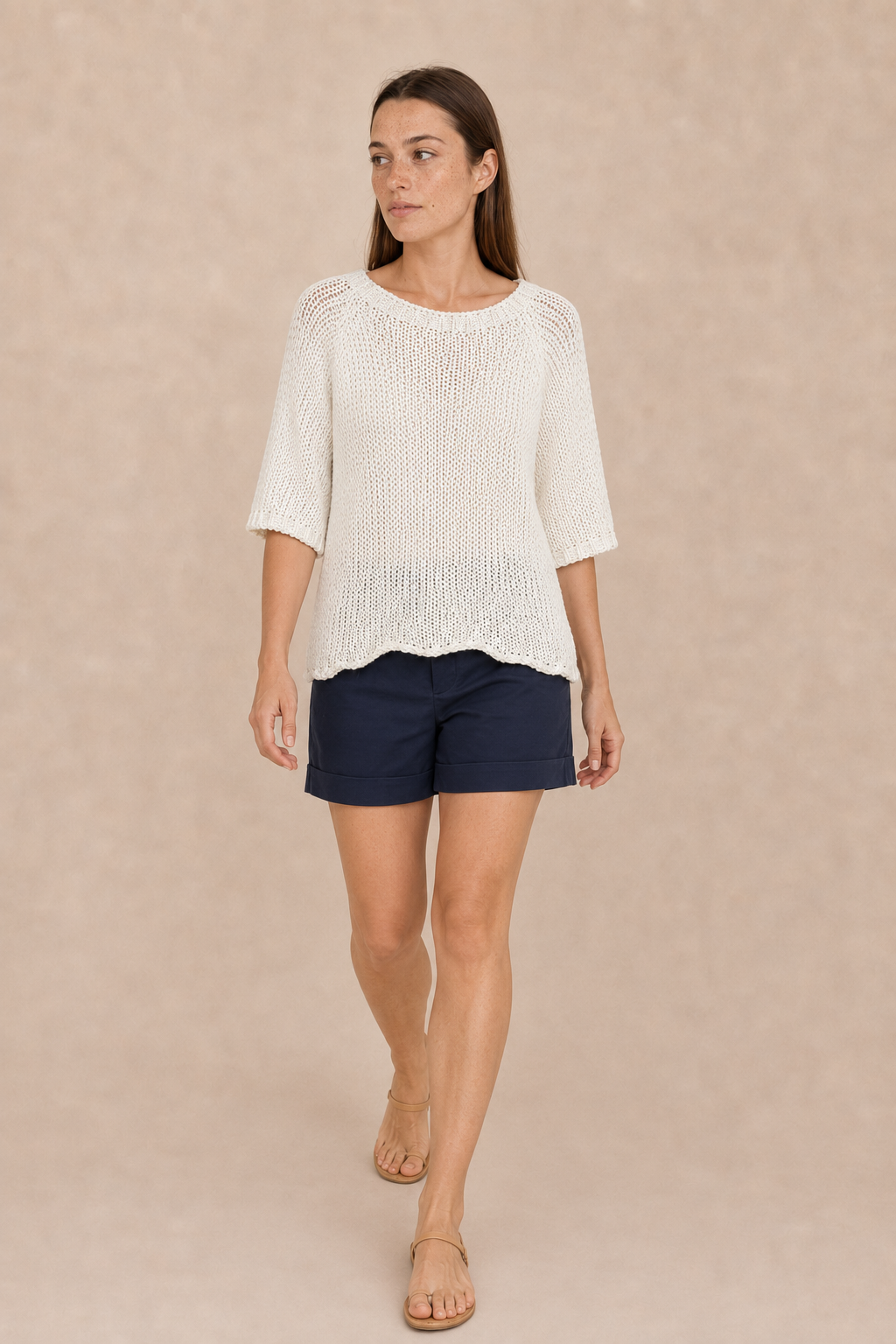Suzy D Jacky cotton crochet knit jersey in white worn by a model, in motion — Boetiek, Cape Town