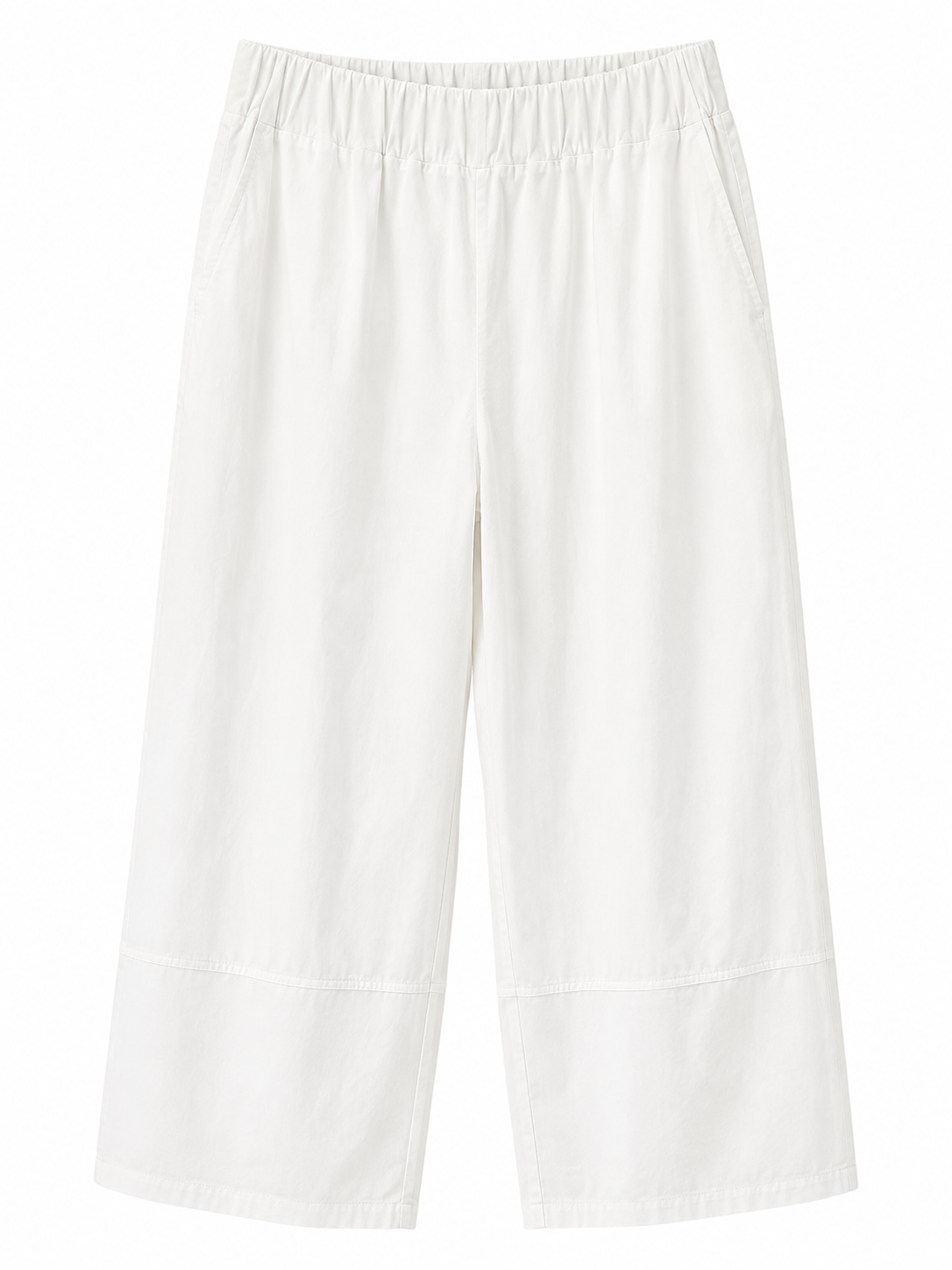 Suzy D Jem light cotton baggy pants in white with an elasticated waist, wide legs and side pockets, front view.
