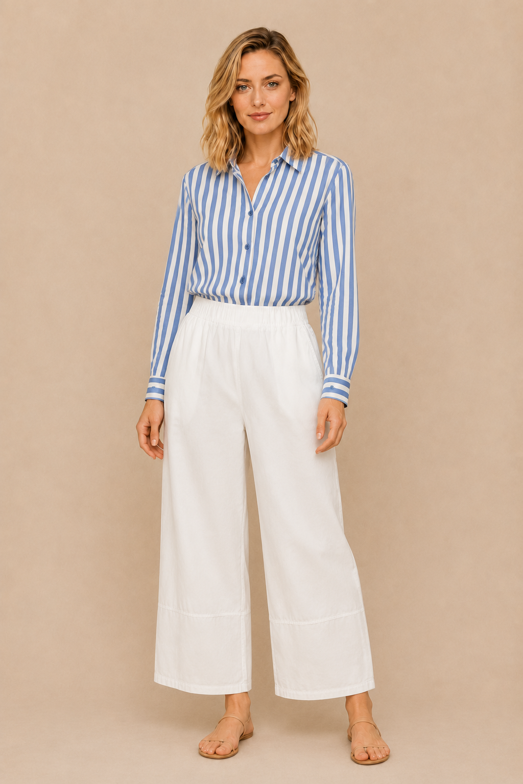 Suzy D Jem light cotton baggy pants in white worn by a model, standing — Boetiek, Cape Town