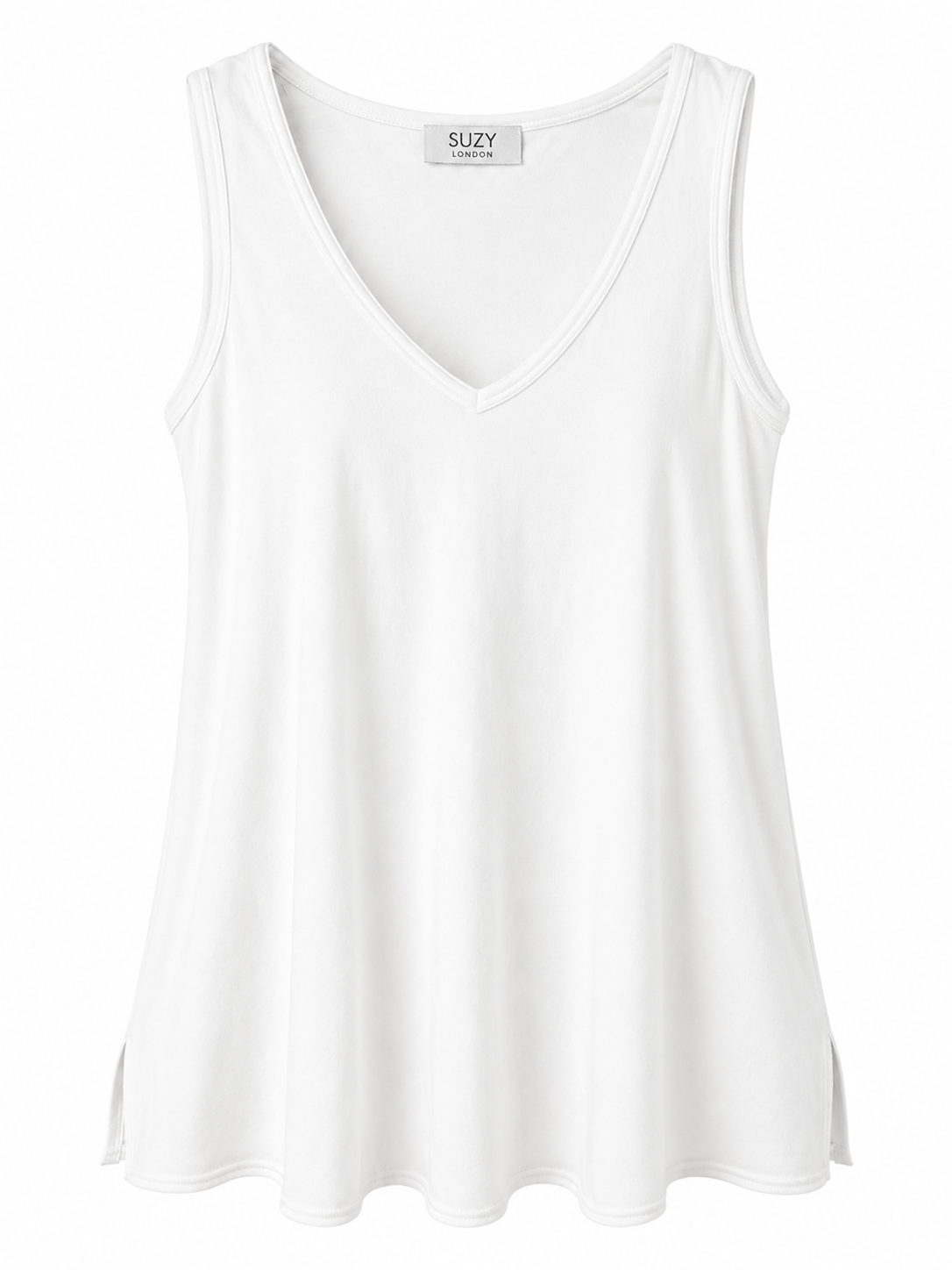 Suzy D Jewel relaxed fit vest in white with a V-neckline, sleeveless design and softly draped silhouette, front view.
