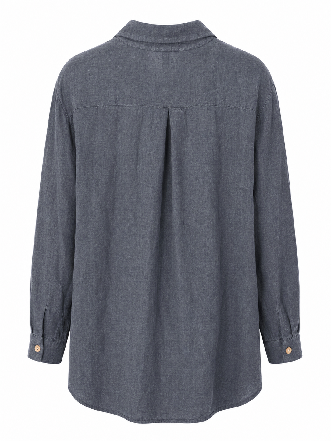 Suzy D oversized button shirt in charcoal with a back yoke, centre pleat and curved hem, back view.