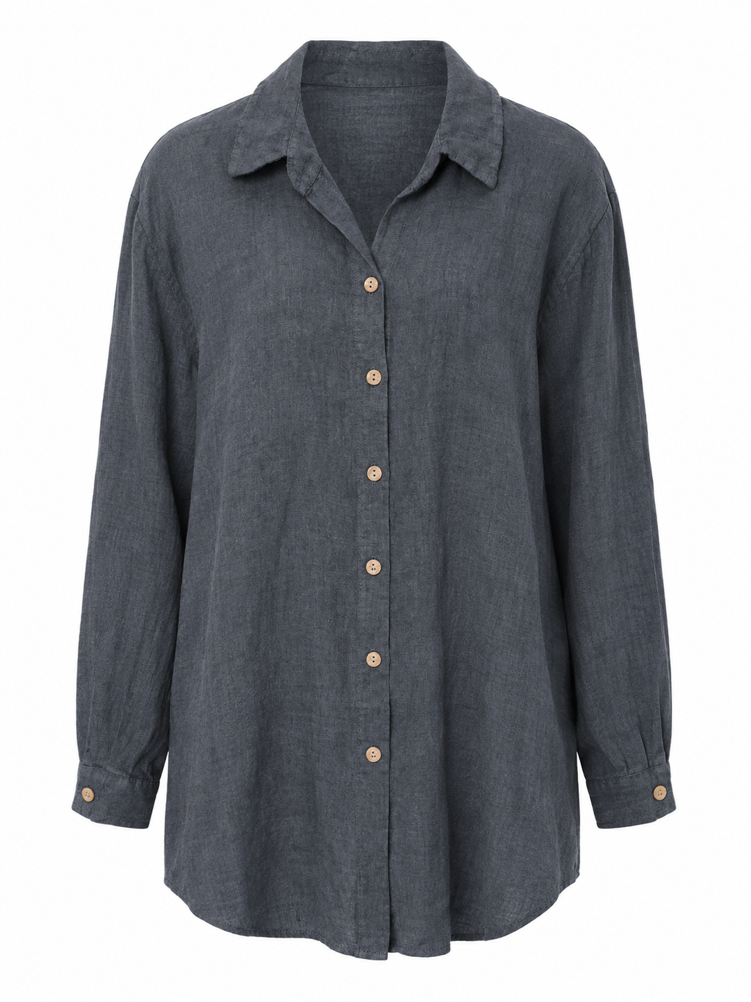 Suzy D oversized button shirt in charcoal with a relaxed fit, collar and natural-look buttons, front view.